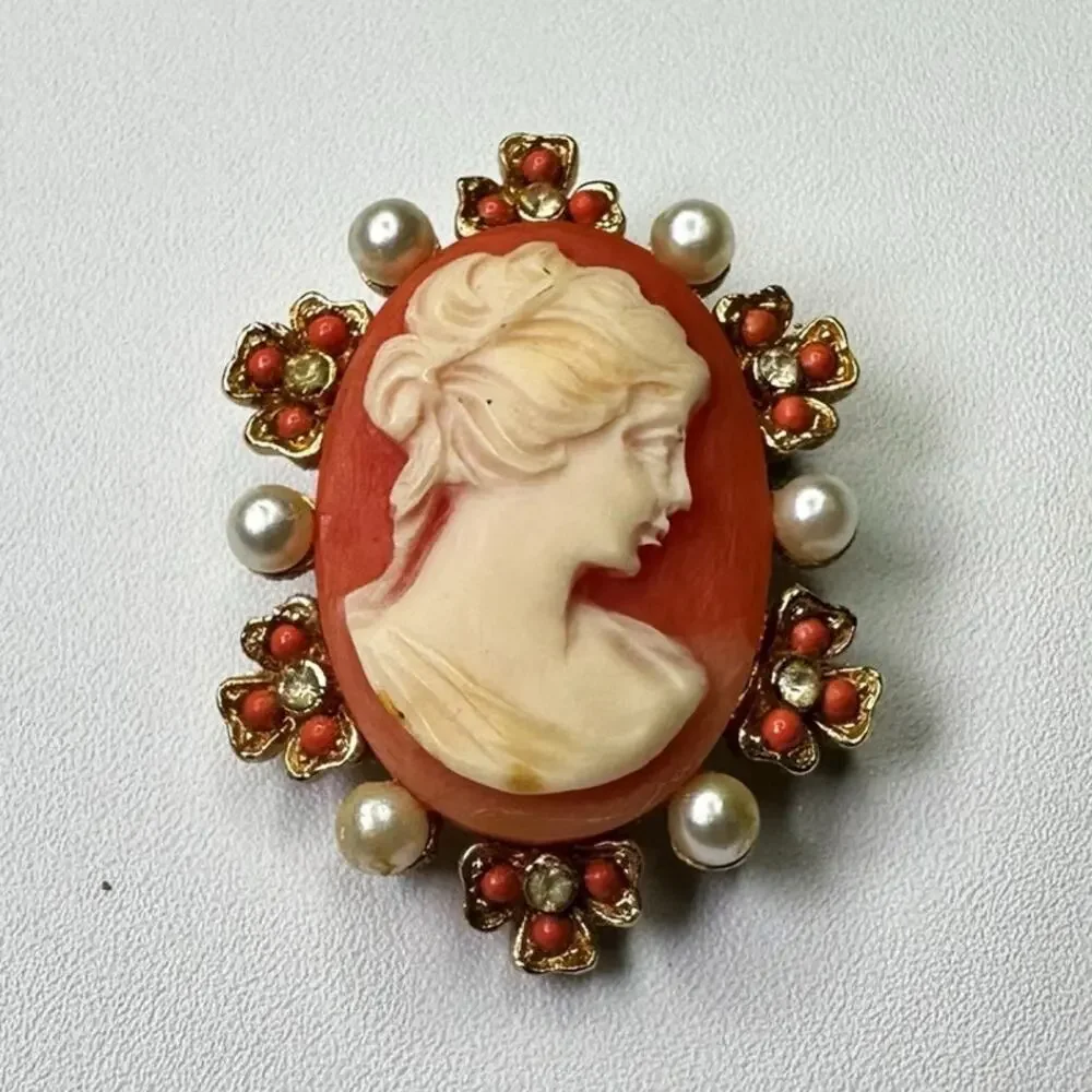 Vintage Cameo Brooch and Earrings Set Coral Pearl Detailing Victorian Style